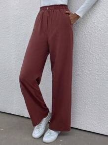 SHEIN LUNE Nếp gấp cao eo Túi nghiêng Quần - Cà phê nâu - Xem 1