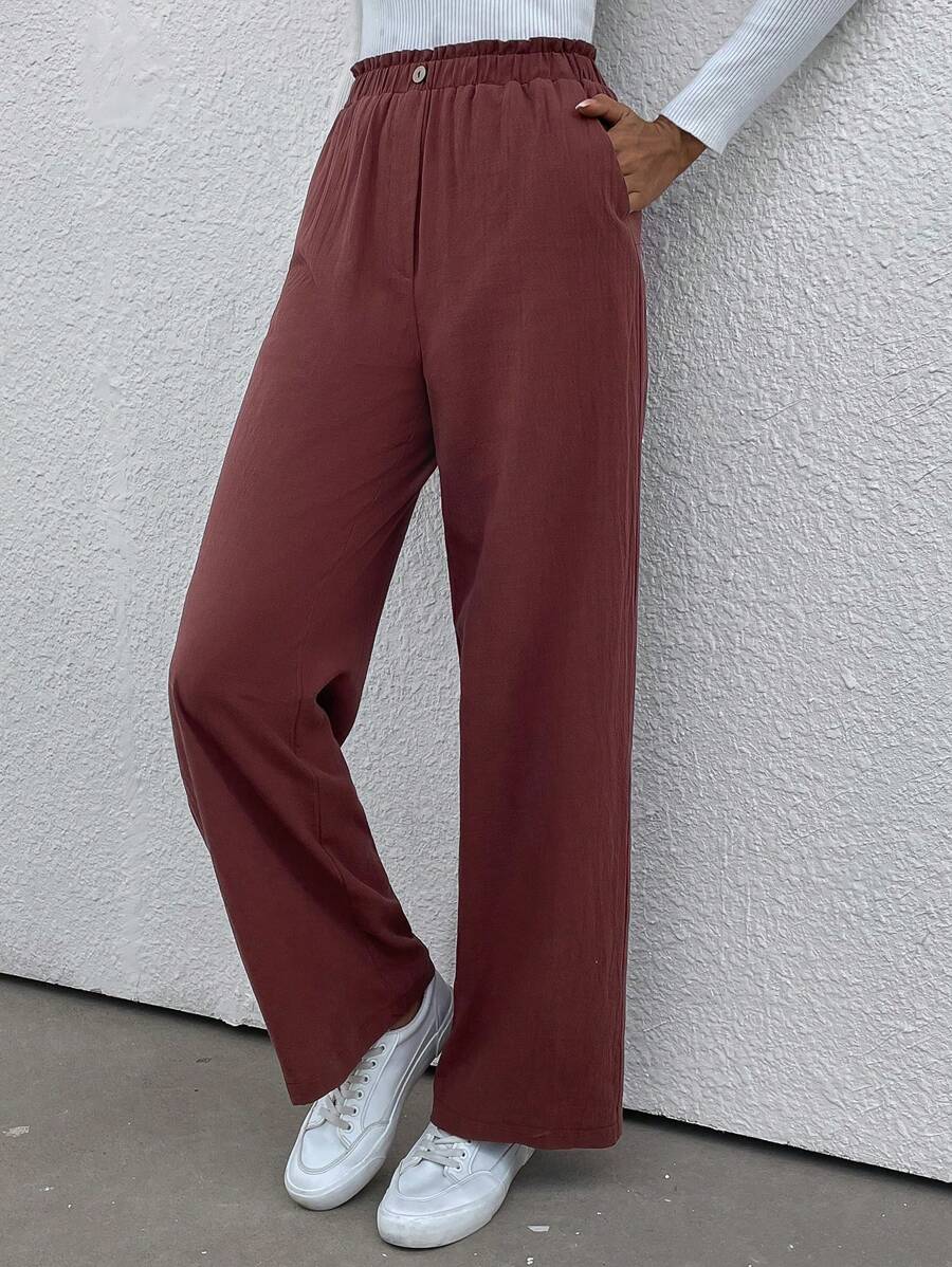 SHEIN LUNE Nếp gấp cao eo Túi nghiêng Quần - Cà phê nâu - Xem 1