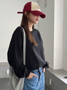 DAZY 標語和熱帶印花落肩袖套頭衫 - 黑色 - 查看 8