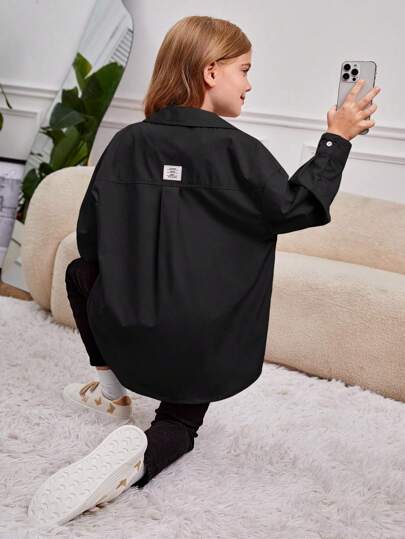 SHEIN 女大童字母補丁細節落肩袖襯衫