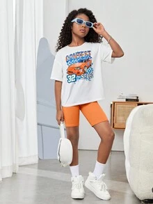 SHEIN Tween Girl Car & Letter Graphic Drop Shoulder Tee & Biker Shorts - Orange - View 3