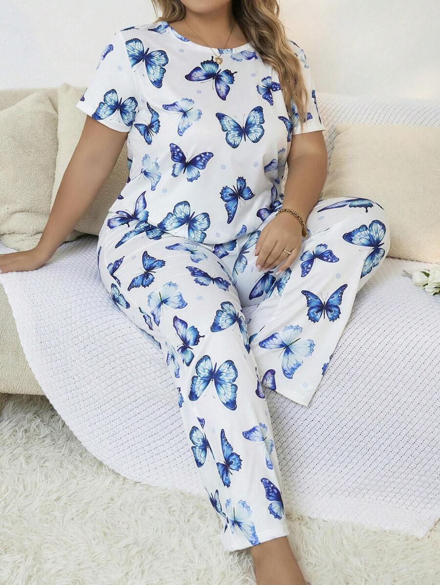 大碼滿版蝴蝶圖案睡衣套裝 - 白色 - 查看 1