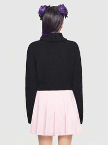 ROMWE Kawaii 卡通貓樣式高領落肩袖套頭毛衣 - 黑色 - 查看 3