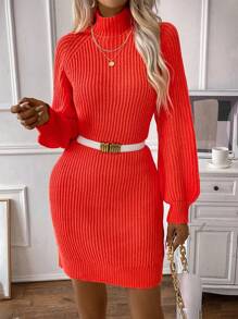 EMERY ROSE Turtleneck Raglan Sleeve Sweater Dress Without Belt Fall Winter Cloth For Women - Orange - View 3