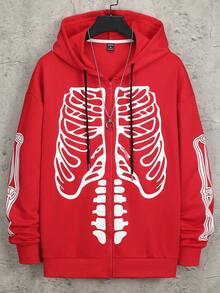 Manfinity EMRG 1件男裝鬆身骨骼印花拉鍊連帽衫,配有抽繩和下垂肩設計 - 紅色 - 查看 2