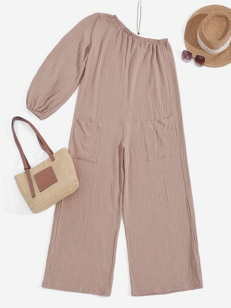 One Shoulder Pocket Patched Wide Leg Jumpsuit