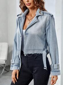 SHEIN Essnce 帶扣細節牛仔夾克 - 淺色水洗藍 - 查看 3