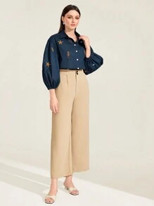 Seusyu 海星&貝殼圖案燈籠袖襯衫 - 藏蓝色 - 查看 3