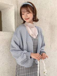 FRIFUL Solid Drop Shoulder Quilted Jacket,Fall Clothes - Dusty Blue - View 11