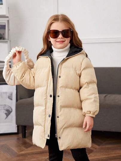 SHEIN Young Girl Woven Solid Color Hooded Spliced Casual Mid-Thick Padded Coat With Contrasting Lining, Mid-Length,In Fall/Winter