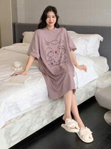 DAZY 卡通圖案落肩袖大碼休閒服洋裝 - 粉色 - 查看 4