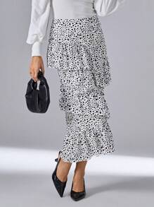 SHEIN Privé In ấn Nhiều lớp Viền Ruffle Váy - Đen và trắng - Xem 1