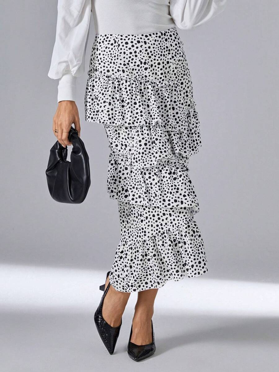 SHEIN Privé In ấn Nhiều lớp Viền Ruffle Váy - Đen và trắng - Xem 1