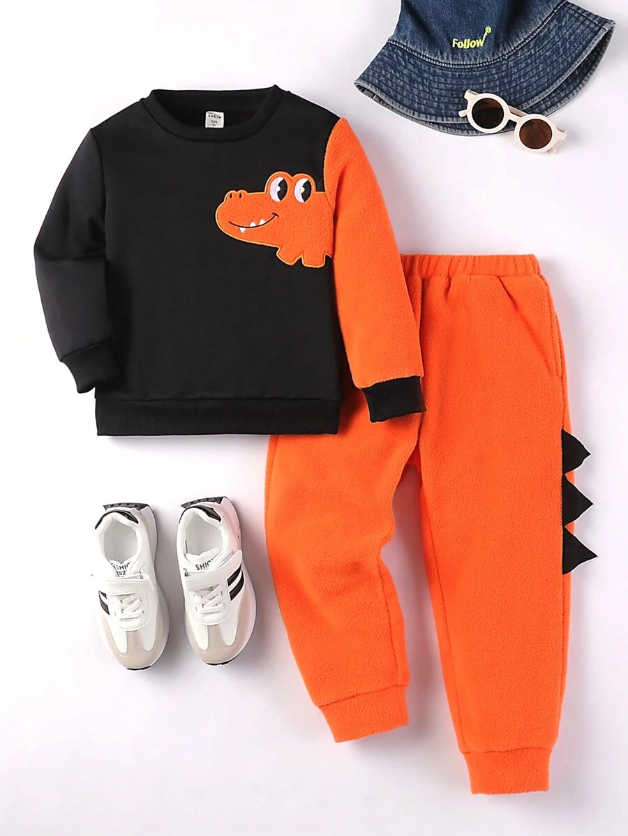 SHEIN Young Boy Cartoon Embroidery Thermal Pullover & Sweatpants - Multicolor - View 1