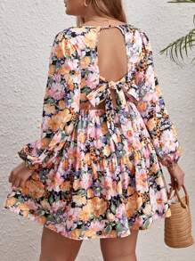 SHEIN VCAY 大碼印花燈籠袖荷葉邊洋裝 - 彩色 - 查看 2