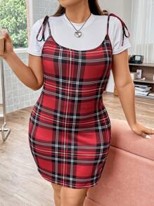 SHEIN ICON 大碼格紋印花肩上打結下擺開叉吊帶緊身洋裝不帶T恤 - 彩色 - 查看 7