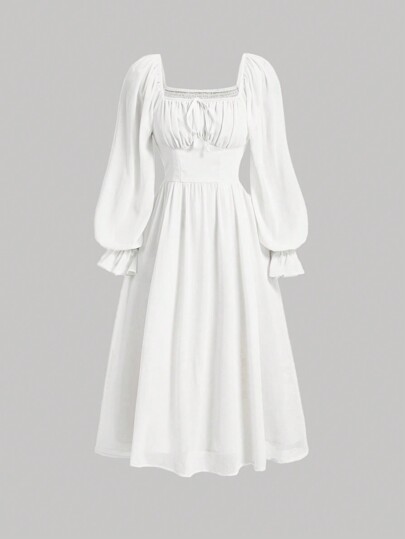 SHEIN MOD Square Neck Flare Sleeve Ruched Bust Milkmaid Dress,White Graduation Dress