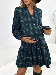 SHEIN Maternity Plaid Print Ruffle Hem Smock Dress