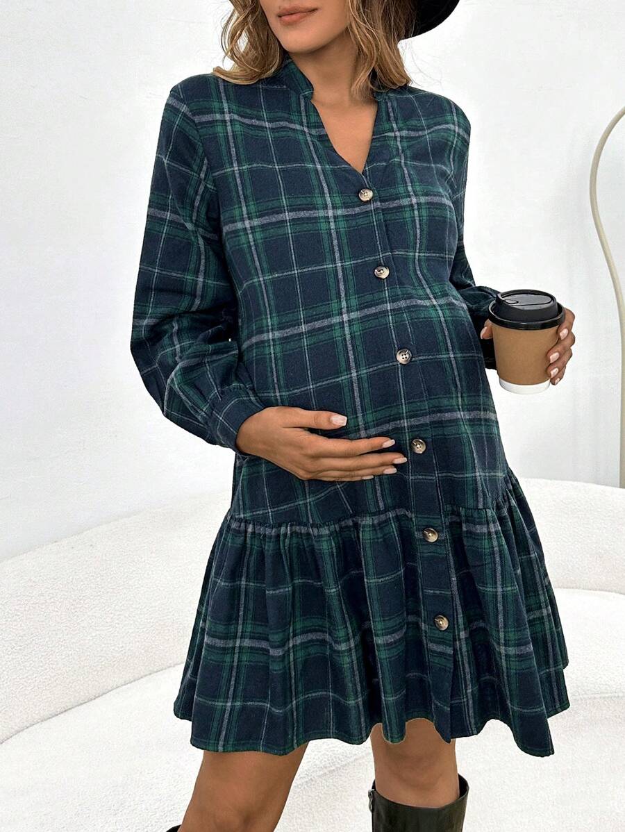 SHEIN Maternity Plaid Print Ruffle Hem Smock Dress