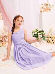 SHEIN 青少年女孩不對稱領褶邊雪紡洋裝 - 淡紫色 - 查看 5