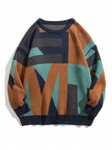 Men Geo Pattern Drop Shoulder Sweater - Black - View 1