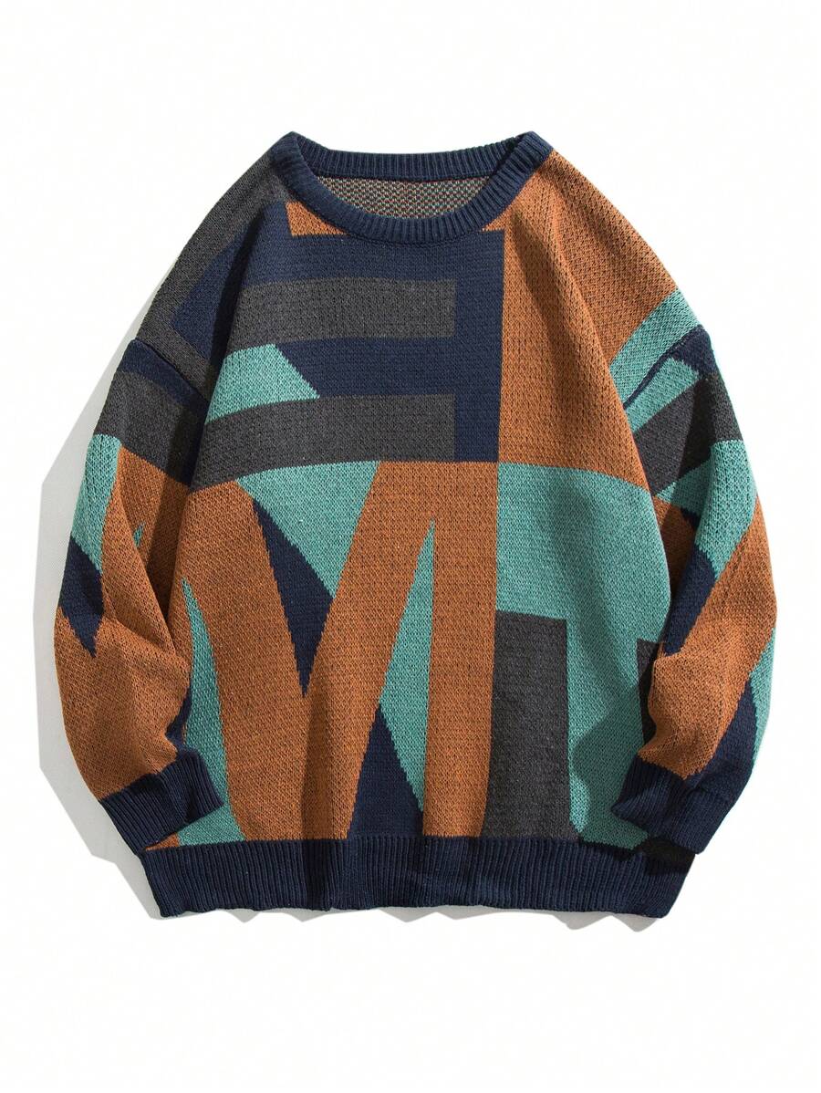 Men Geo Pattern Drop Shoulder Sweater - Black - View 1