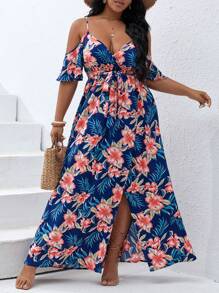 SHEIN VCAY Plus Size Boho Tropical Print Cold Shoulder Split Thigh Belted Dress, For Summer - Navy Blue - View 5