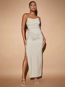 SHEIN BAE Solid Ruched Side Bodycon Dress - Apricot - View 3
