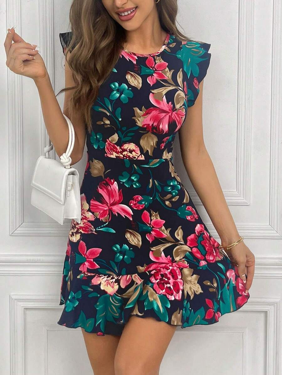 SHEIN VCAY 印花荷葉邊洋裝 - 藍色 - 查看 1