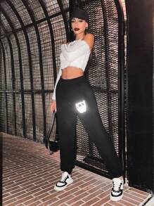 EURMUSE Reflective Skull Print Slant Pocket Sweatpants - Black - View 5