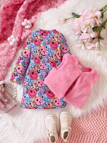 女嬰卡通圖案洋裝&絨毛夾克背心 - 彩色 - 查看 3