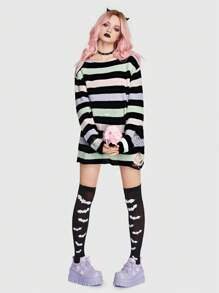 ROMWE Goth 條紋圖案破洞落肩袖套頭毛衣 - 彩色 - 查看 6