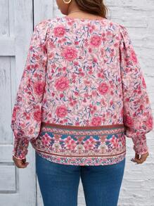 SHEIN LUNE Plus Floral Print Tie Front Lantern Sleeve Blouse - Pink - View 2