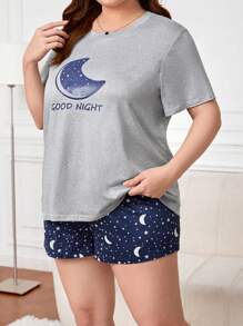 大碼月亮和字母圖形 T 恤和短褲睡衣套裝 - 彩色 - 查看 4