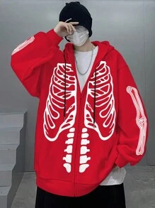 Manfinity EMRG 1件男裝鬆身骨骼印花拉鍊連帽衫,配有抽繩和下垂肩設計 - 紅色 - 查看 1