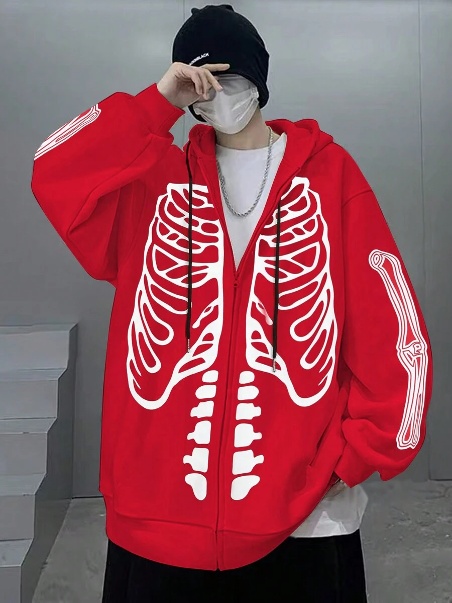 Manfinity EMRG 1件男裝鬆身骨骼印花拉鍊連帽衫,配有抽繩和下垂肩設計 - 紅色 - 查看 1