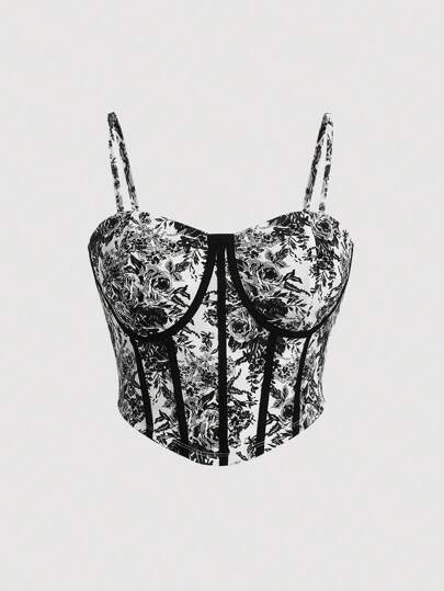 SHEIN MOD 大尺碼花卉印花胸衣頂部,黑白對比貼紙印花款式