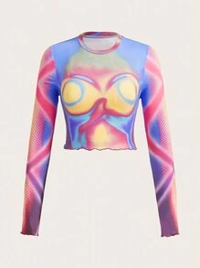 SHEIN ICON 万圣节反光体温图印花露脐T恤，霓虹发光派对 - 彩色 - 查看 2