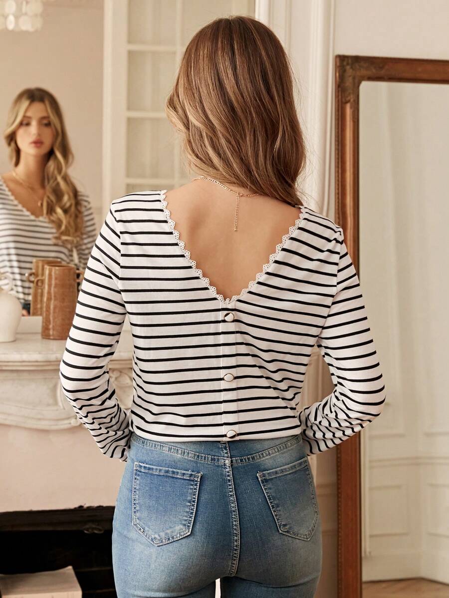 SHEIN Frenchy Striped Print Button Back Tee - Black and White - View 1