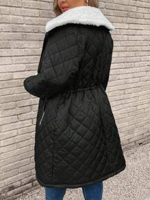 SHEIN LUNE Plus Borg Collar Zipper Quilted Coat - Black - View 2