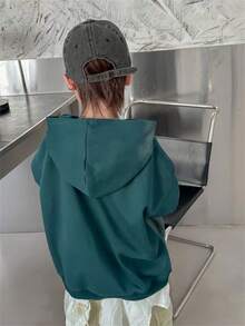 青少年男孩单件字母图案袋鼠口袋抽绳卫衣 - 墨綠色 - 查看 2