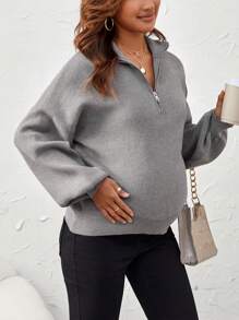 SHEIN Áo len trễ vai nửa khóa kéo cho bà bầu, dành cho mùa đông - màu nâu - Xem 1