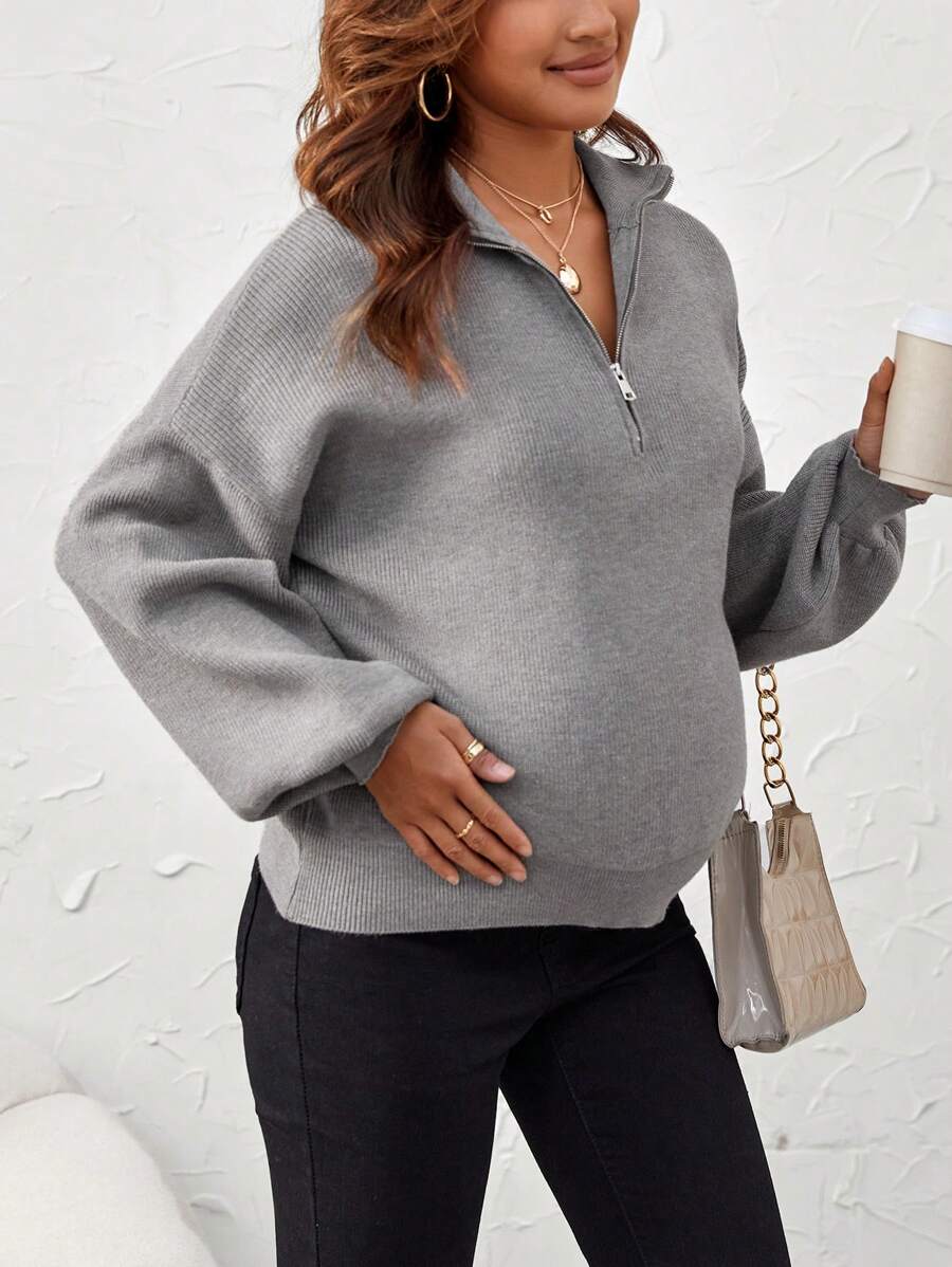SHEIN Áo len trễ vai nửa khóa kéo cho bà bầu, dành cho mùa đông - màu nâu - Xem 1