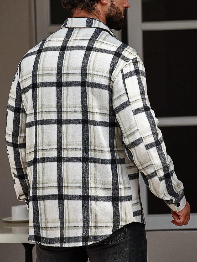 Men's Loose Plaid Printed Overcoat With Pocket Patches