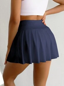 Wide Waistband Pleated Sports Skort With Phone Pocket - Navy Blue - View 2