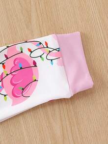 女大童標語&火烈鳥圖案T恤和褲子睡衣套裝適用於聖誕 - 彩色 - 查看 4