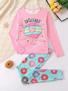 Tween Girl Donut & Letter Graphic Tee & Pants Snug Fit PJ Set