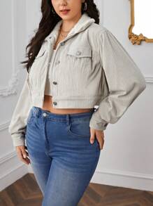 SHEIN Essnce Plus Flap Detail Corduroy Jacket Fall/Winter - Apricot - View 6