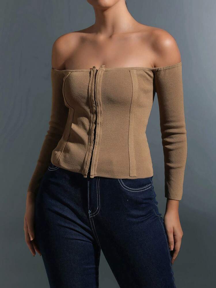 Off Shoulder Hook And Eye Ribbed Knit Pullover Fall Winter Sweater