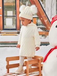 SHEIN Baby Girl Solid Hooded Sweater Dress - Beige - View 5